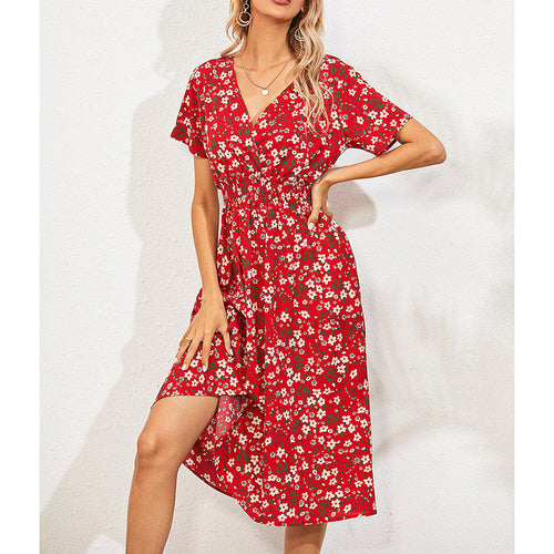 Léa - Vestido de verano Bohemian Flower, vajilla V y cintura para volantes