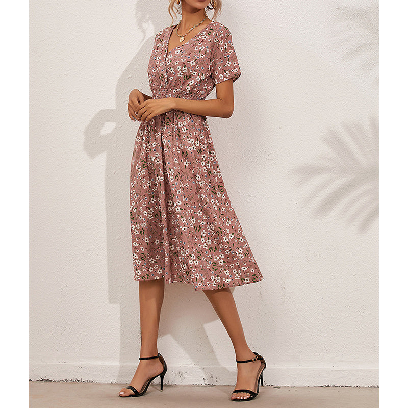 Léa - Vestido de verano Bohemian Flower, vajilla V y cintura para volantes