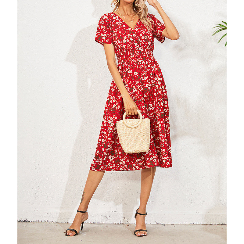 Léa - Vestido de verano Bohemian Flower, vajilla V y cintura para volantes
