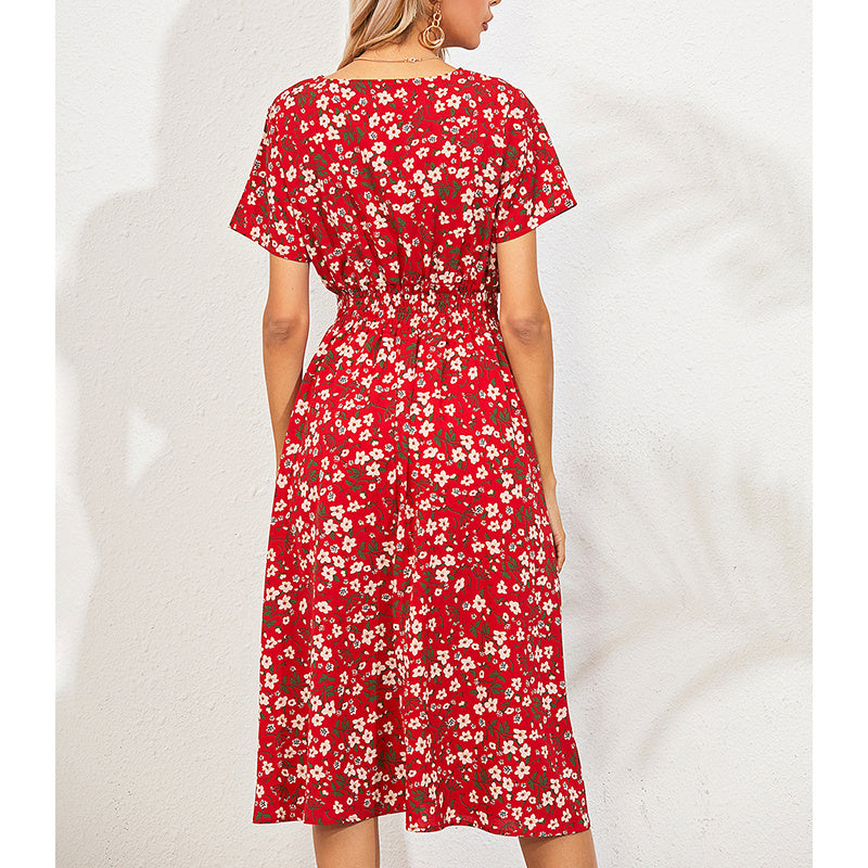 Léa - Vestido de verano Bohemian Flower, vajilla V y cintura para volantes